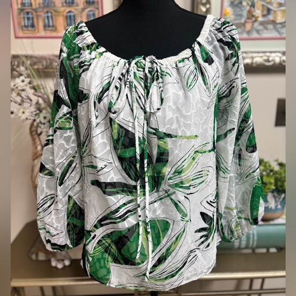 WHITE HOUSE BLACK MARKET PALM PRINT OFF THE SHOULDER HALTER PEASANT BLOUSE SZ M - Picture 7 of 11